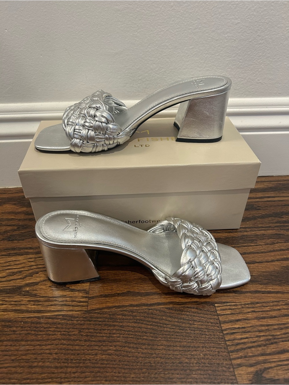 Marc Fisher Silver Braided Block Heel Mules